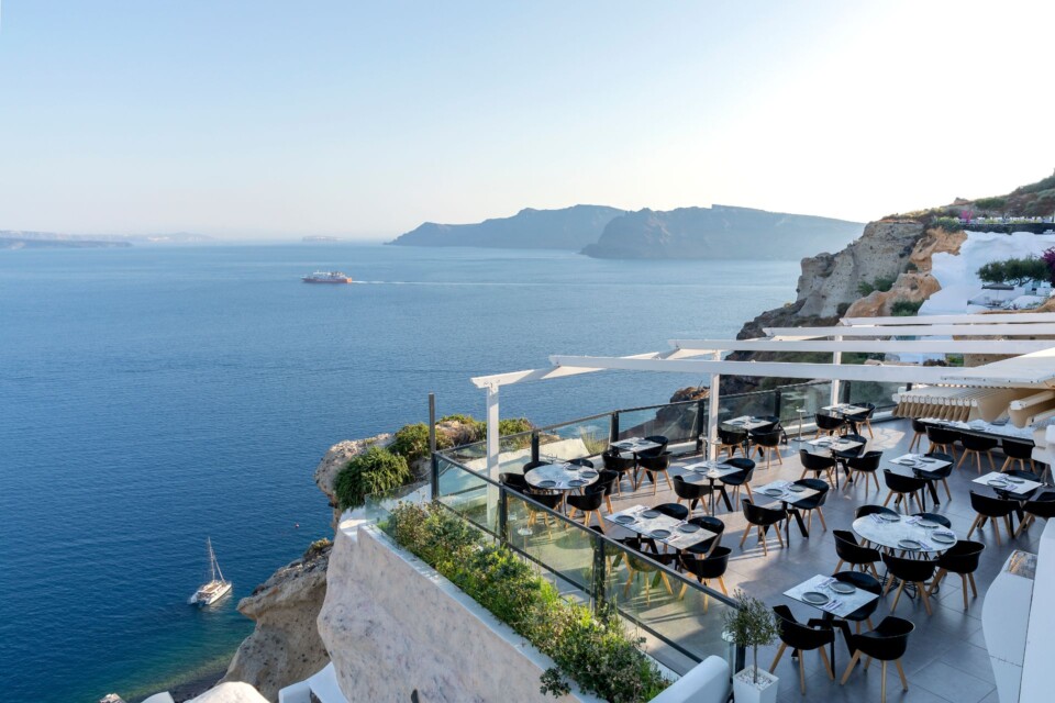 Epic caldera views from Black Rock Restaurant terrance, found within our Santorini 5 star hotel with private pool